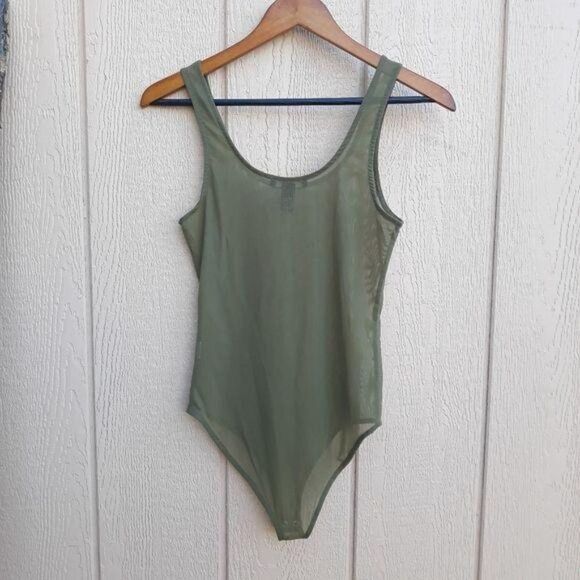 Forever 21 Netted Sheer Military Army Green Scoop Neck Tank Top Bodysuit Sz S - Picture 2 of 7